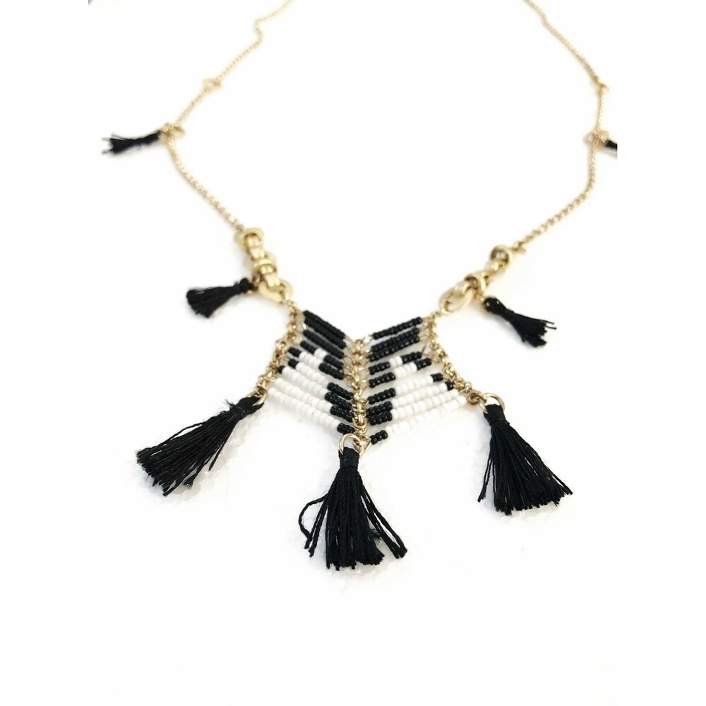 Anthropologie Massai Bead Fringe BlK WHite GOld Chain Necklace NWT $28 set of 2 - Picture 3 of 3